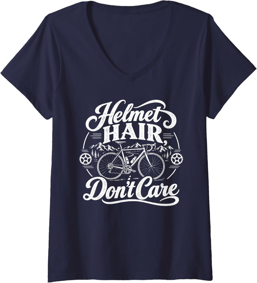 Women's Bike & Biking, Helmet Hair Don’t Care V-Neck T-Shirt - Navy Blue