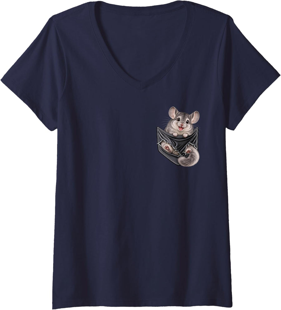 Women's Funny Chinchilla Pocket for Men and Women Cute Animal V-Neck T-Shirt - Navy Blue