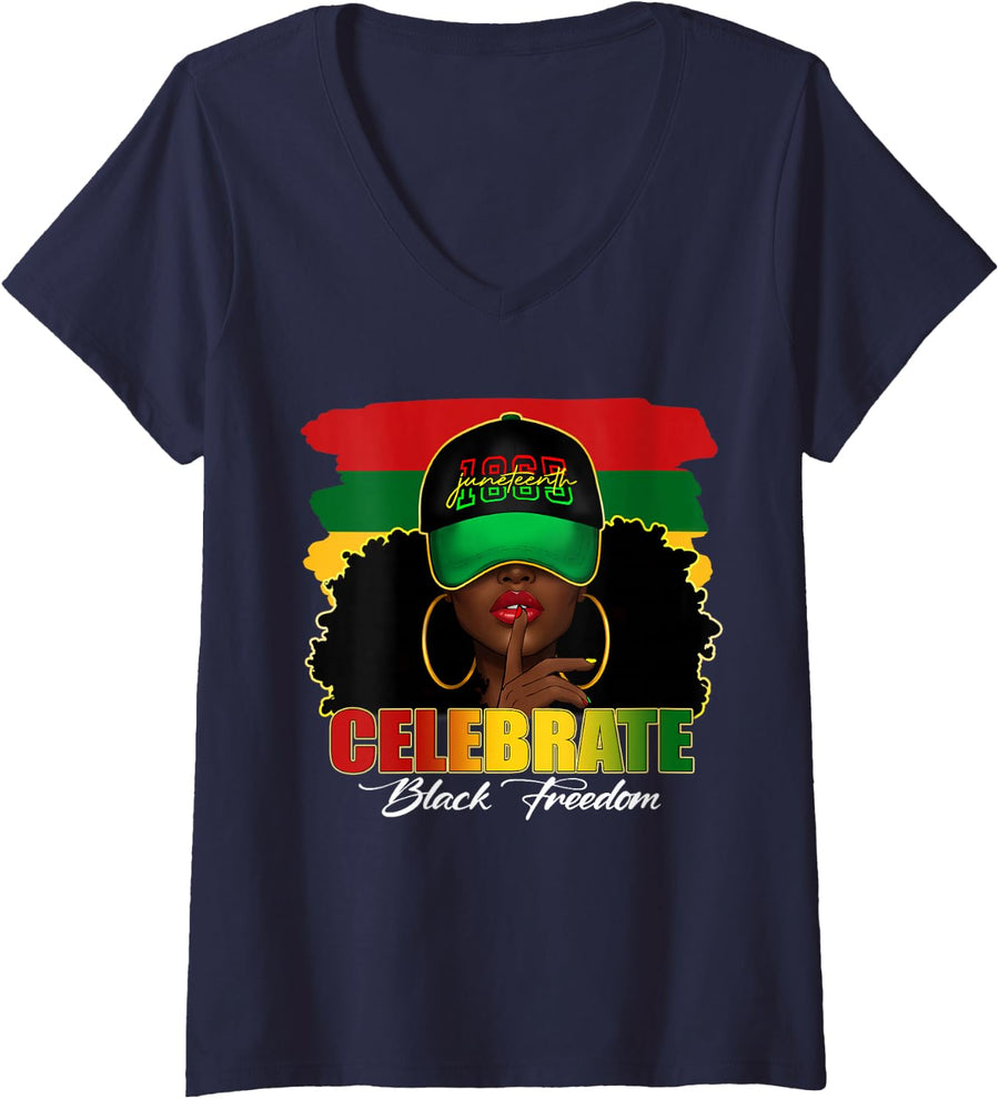 Women's Juneteenth 1865 Celebrate Black Freedom Black Women V-Neck T-Shirt - Navy Blue