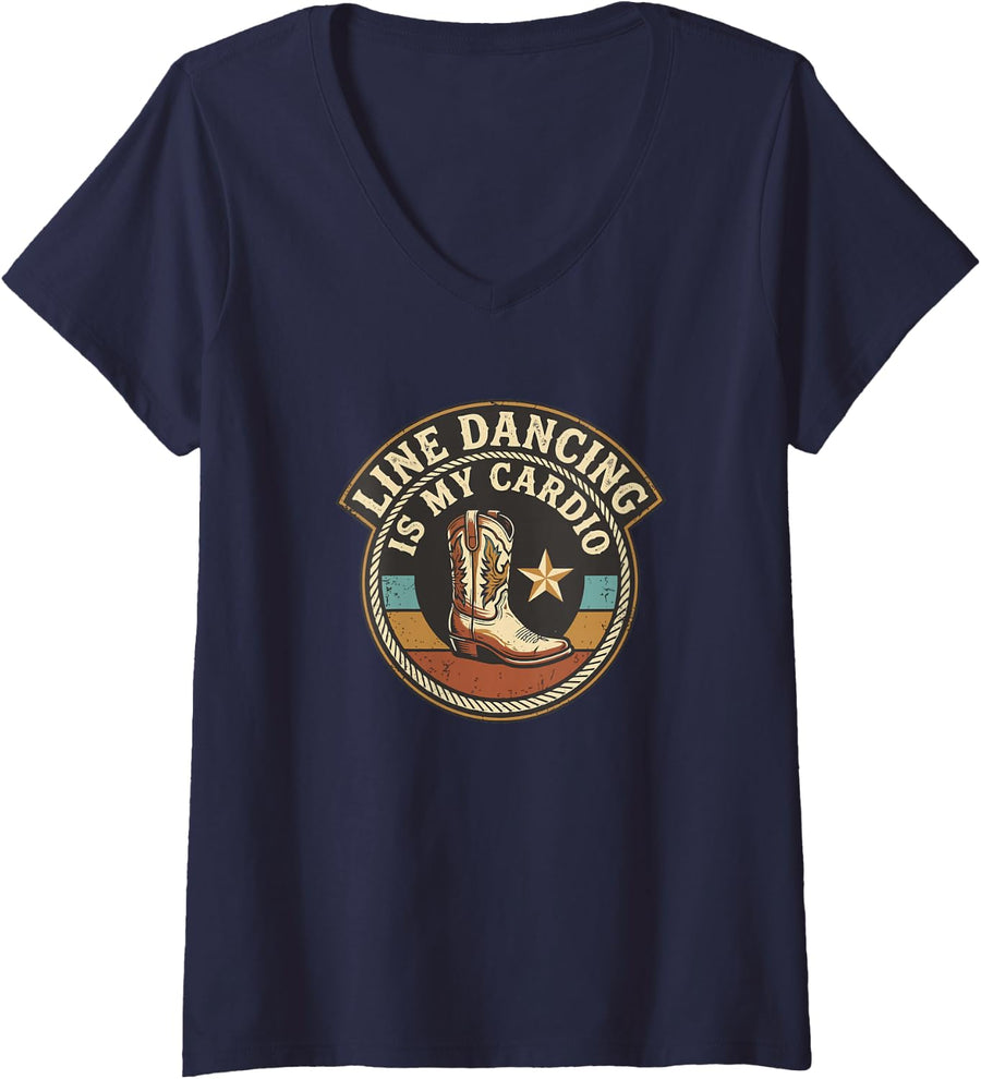 Women's Dancer Line Dancing is My Cardio Country Western V-Neck T-Shirt - Navy Blue