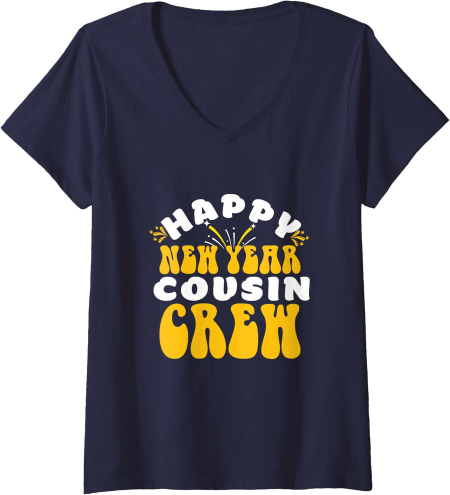 Women's Happy New Year Cousin Crew 2024 Group Matching Family V-Neck T-Shirt - Navy Blue