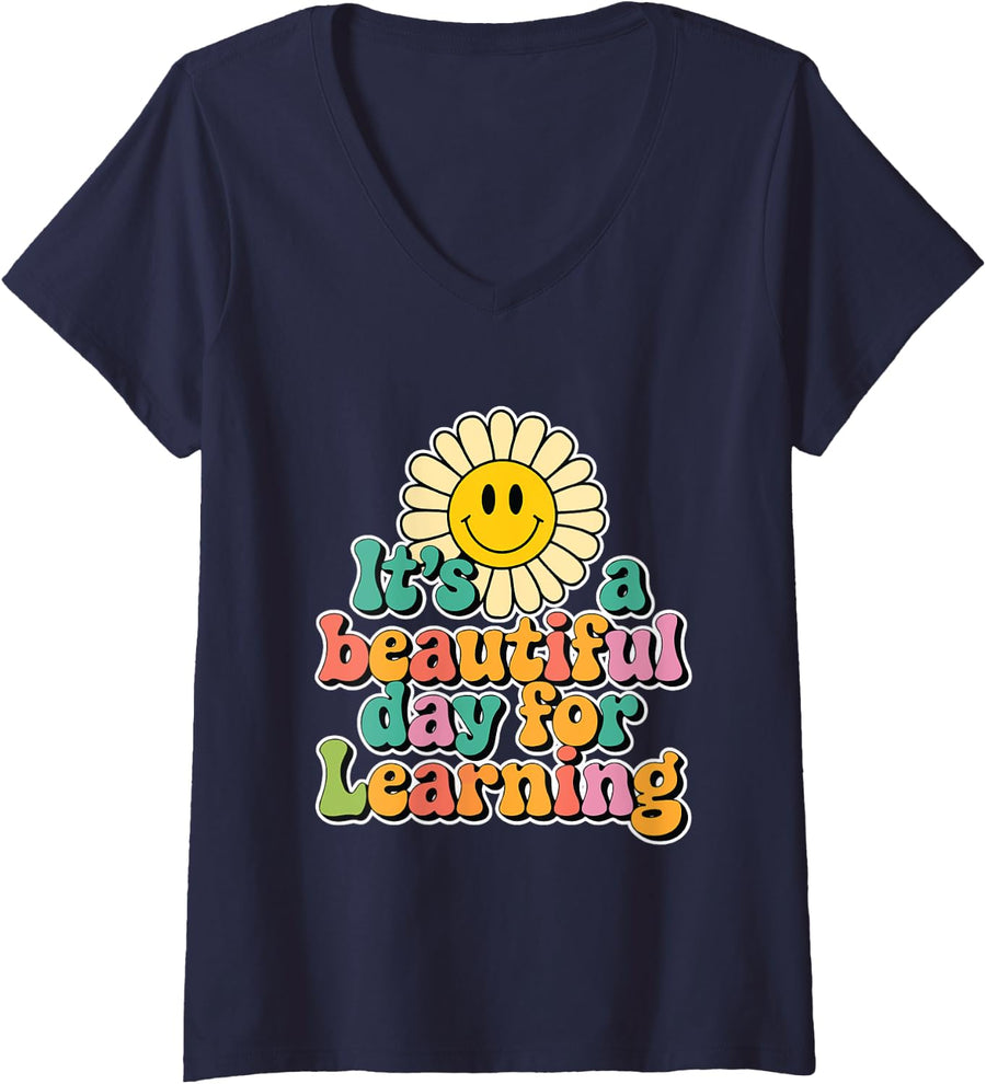 Womens Women Teacher Life It’s A Beautiful Day For Learning V-Neck T-Shirt - Navy Blue