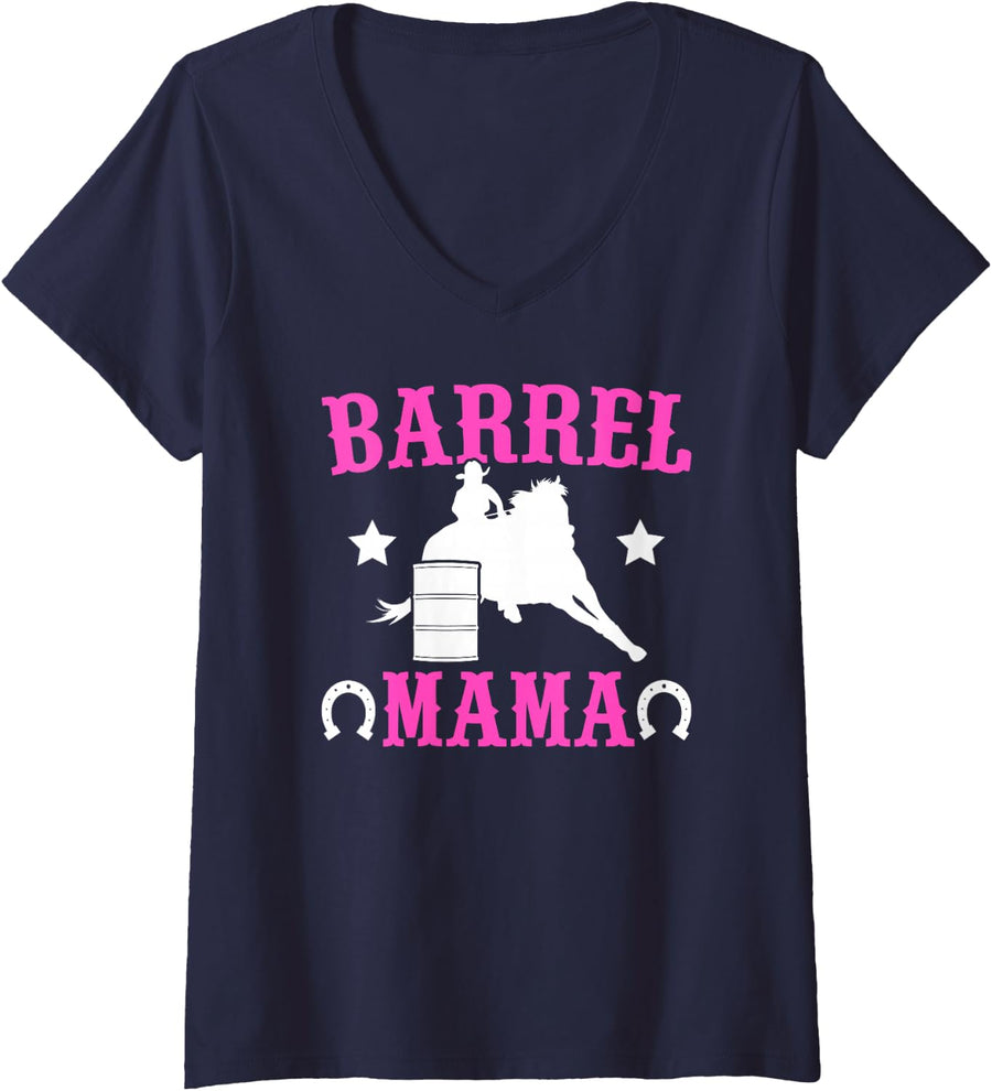 Women's Barrel Mama Barrel Racing Mom Barrel Race Mother V-Neck T-Shirt - Navy Blue