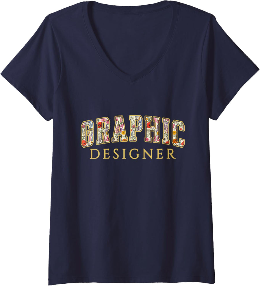 Women's Graphic Designer Wildflower Varsity Letters Artist V-Neck T-Shirt - Navy Blue