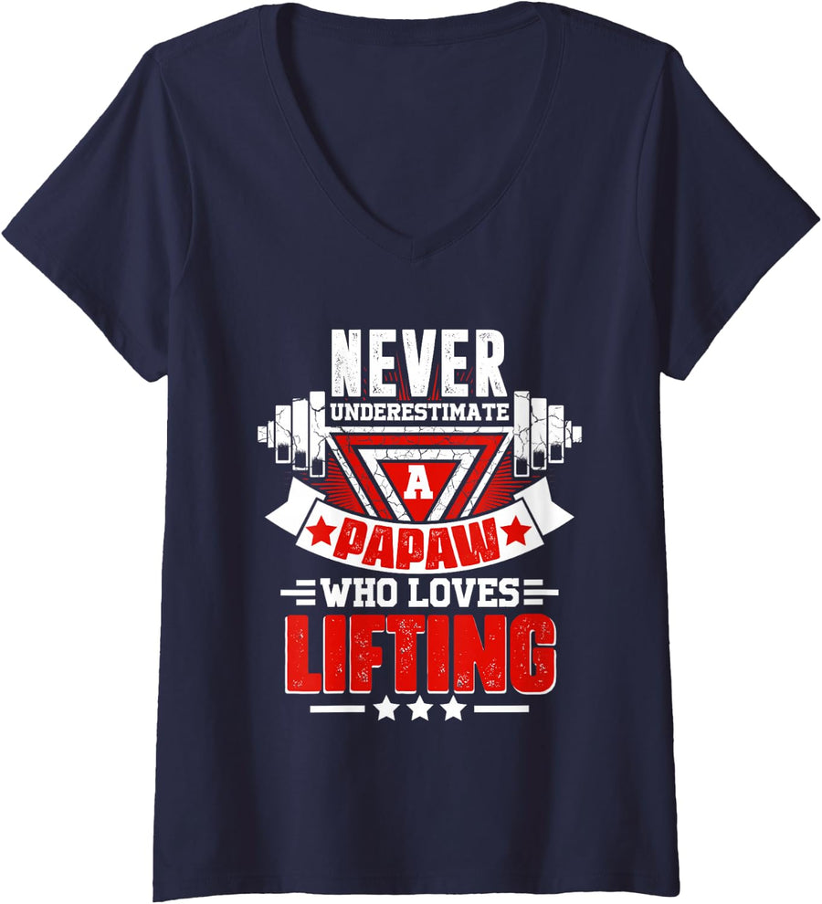 Women's Never Underestimate Papaw Gym Workout Fitness Weightlifting V-Neck T-Shirt - Navy Blue