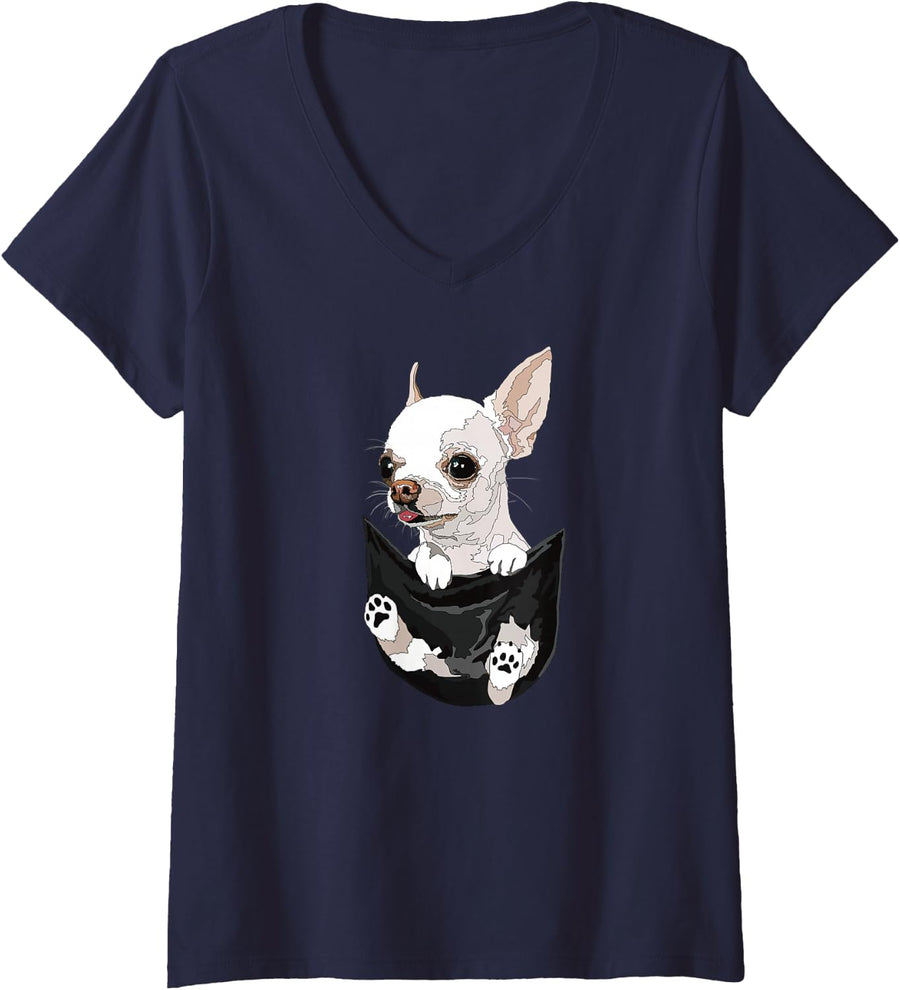 Women's Chihuahua in Pocket Funny White Chihuahua Dog Chiwawa Lover V-Neck T-Shirt - Navy Blue