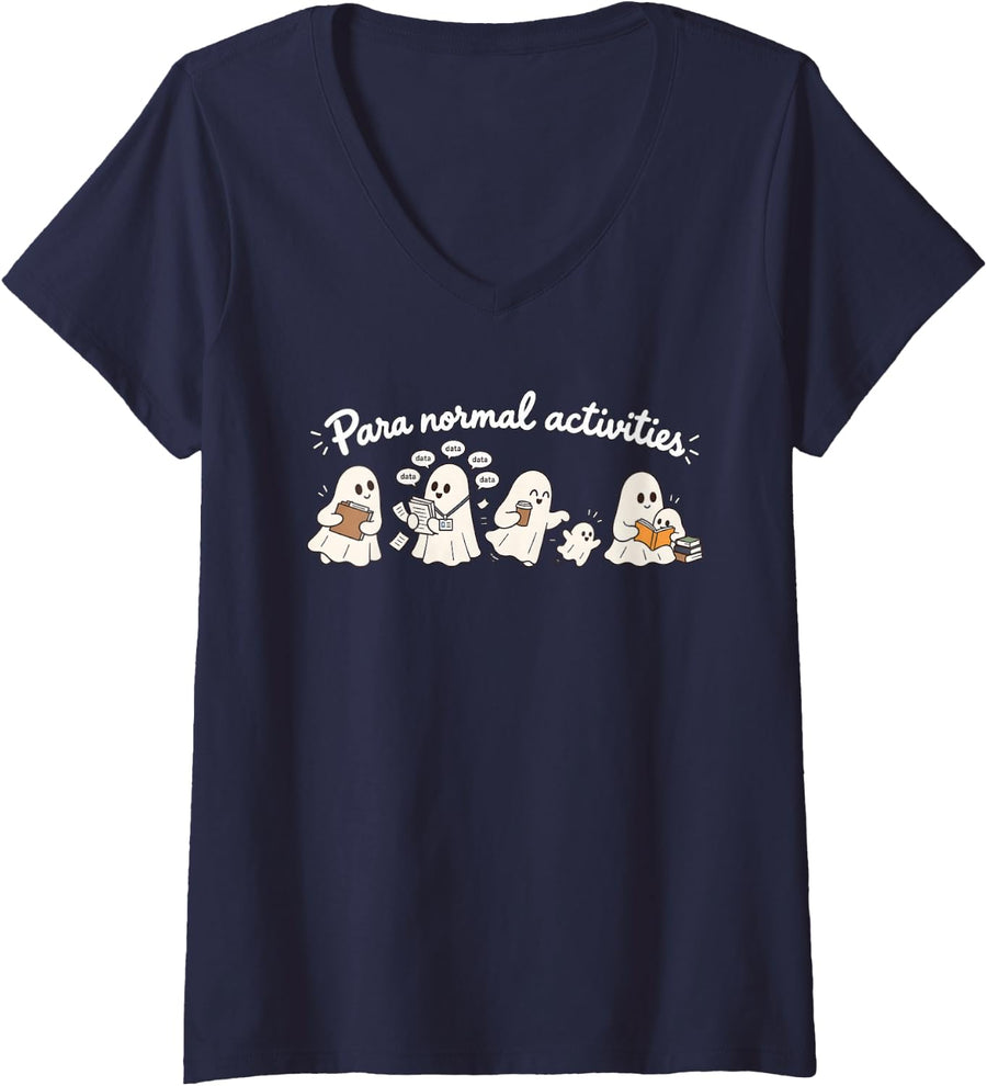 Women's para Normal Activities Paraprofessional Ghosts Data Teacher V-Neck T-Shirt - Navy Blue