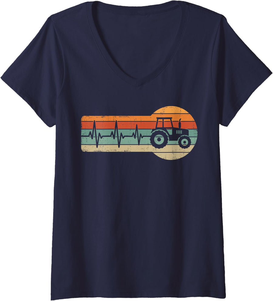 Women's Vintage Heartbeat Tractor Farmer Farm Farming Rancher Tee V-Neck T-Shirt - Navy Blue