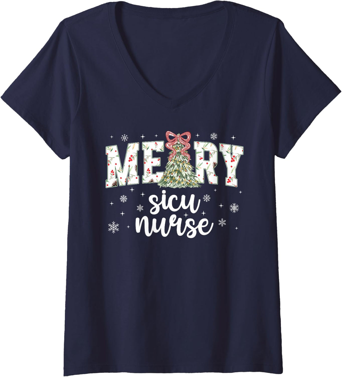 Women's Merry SICU Nurse Christmas Surgical ICU Nurse Xmas Party Bow V-Neck T-Shirt - Navy Blue