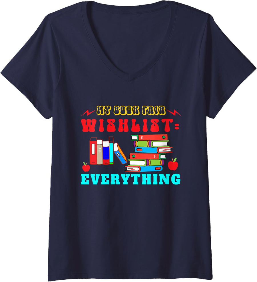 Women's Book Fair Bookworm Reading Avid Reader V-Neck T-Shirt - Navy Blue
