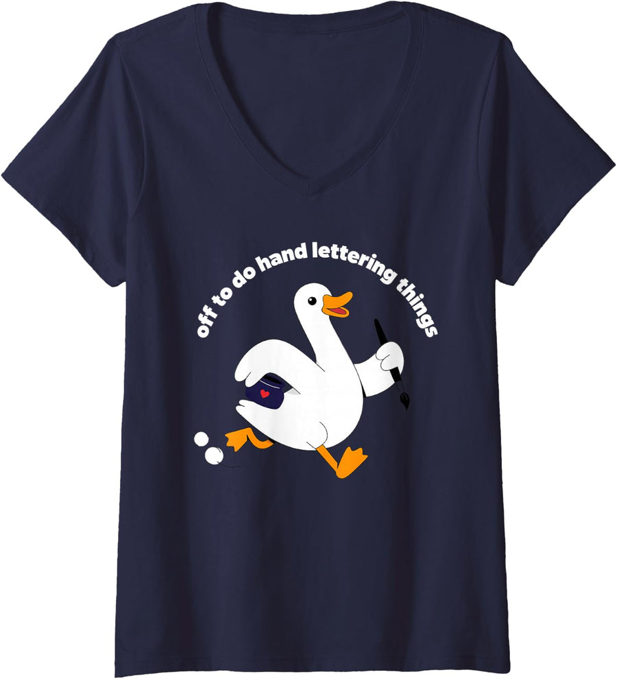Women's Hand Lettering Brush Lettering Modern Calligraphy Artist V-Neck T-Shirt - Navy Blue