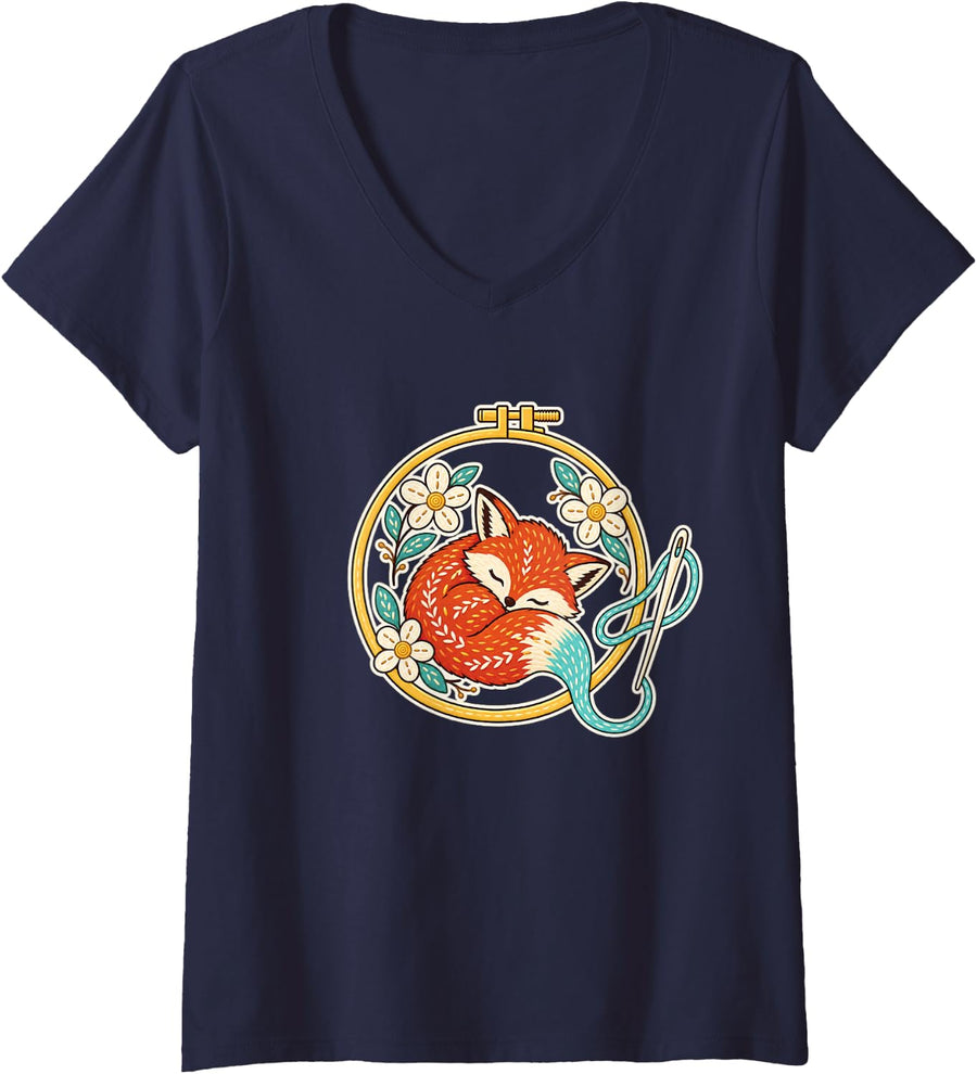 Women's Cute Fox Embroidery Hoop Woodland Floral Needlework Art V-Neck T-Shirt - Navy Blue