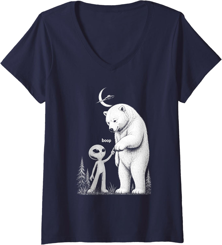 Women's Funny Polar Bear Boop Nose Alien UFO Men Women Humor V-Neck T-Shirt - Navy Blue