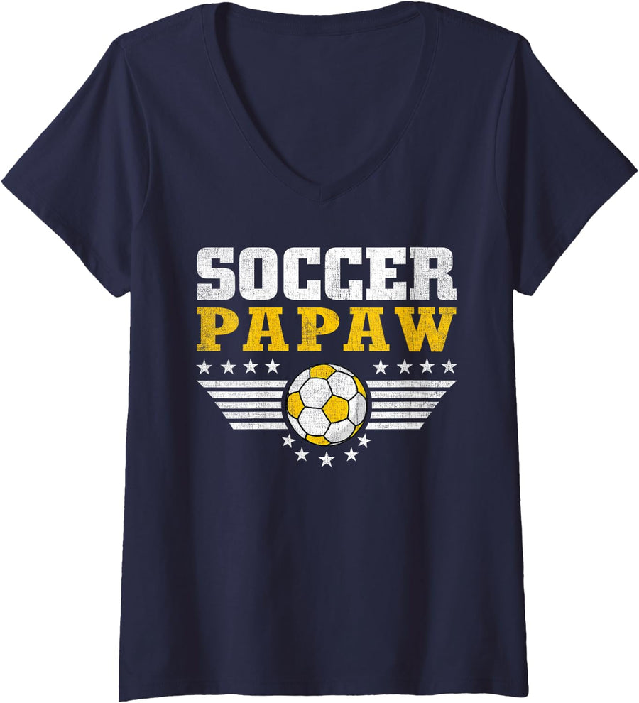 Women's Soccer Papaw Funny Sports Players Papaw Father's Day V-Neck T-Shirt - Navy Blue