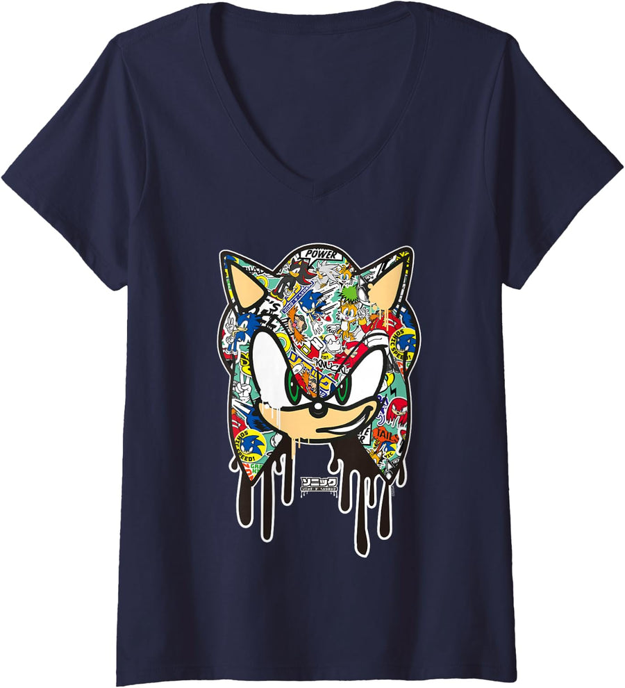 Womens Sonic the Hedgehog - Sticker Sonic V-Neck T-Shirt - Navy Blue