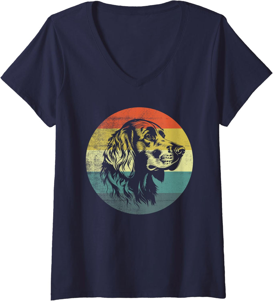 Women's English Setter Dog Retro Design V-Neck T-Shirt - Navy Blue