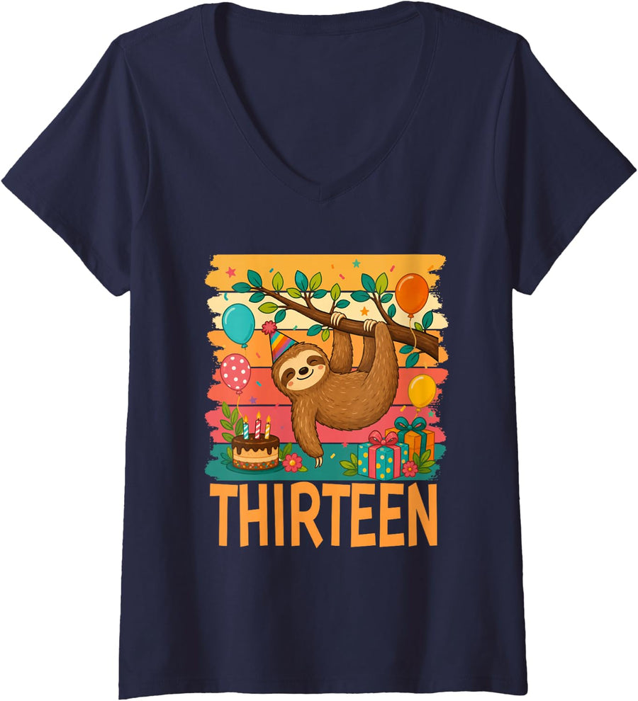 Women's 13th Birthday Sloth Lovers Themed 13 Year Old Birthday V-Neck T-Shirt - Navy Blue