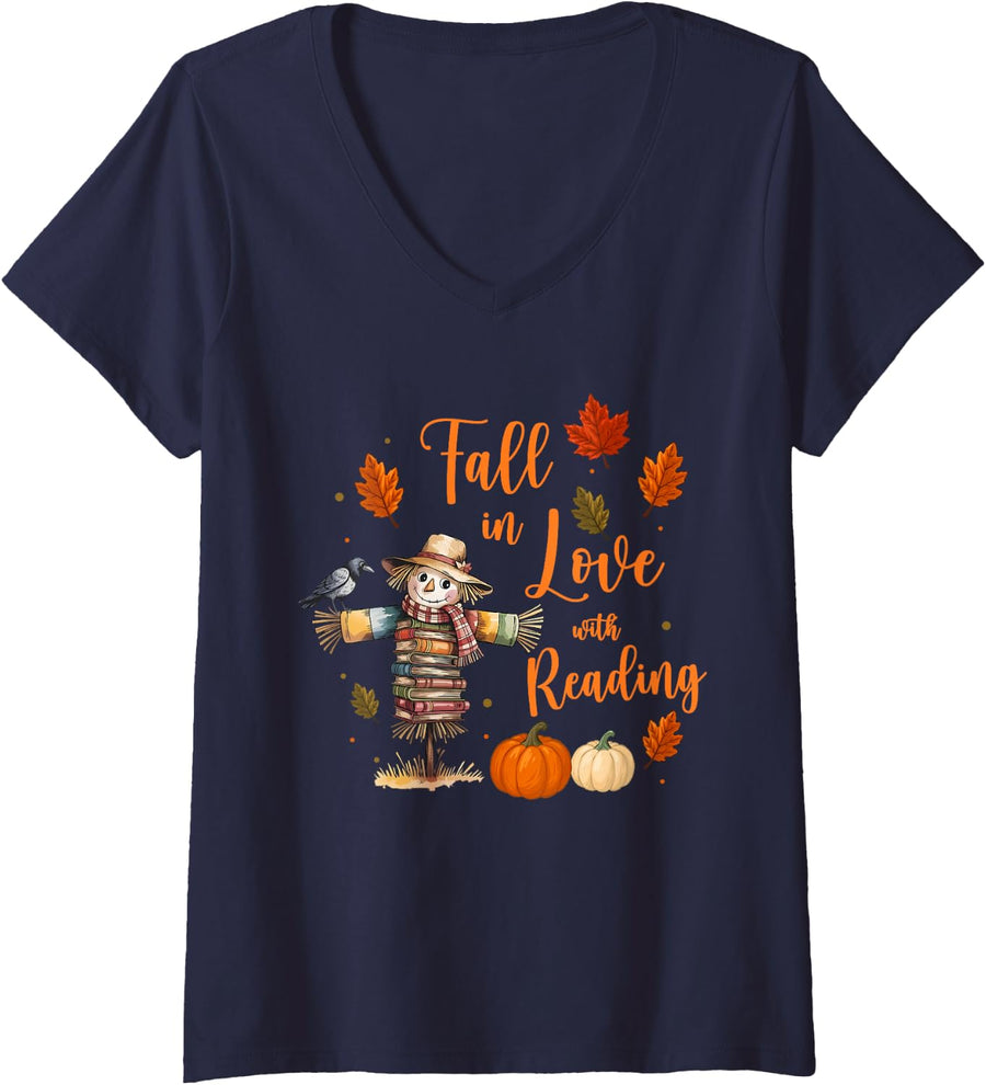 Women's Fall in Love with Reading Book Autumn Scarecrow & Teachers V-Neck T-Shirt - Navy Blue