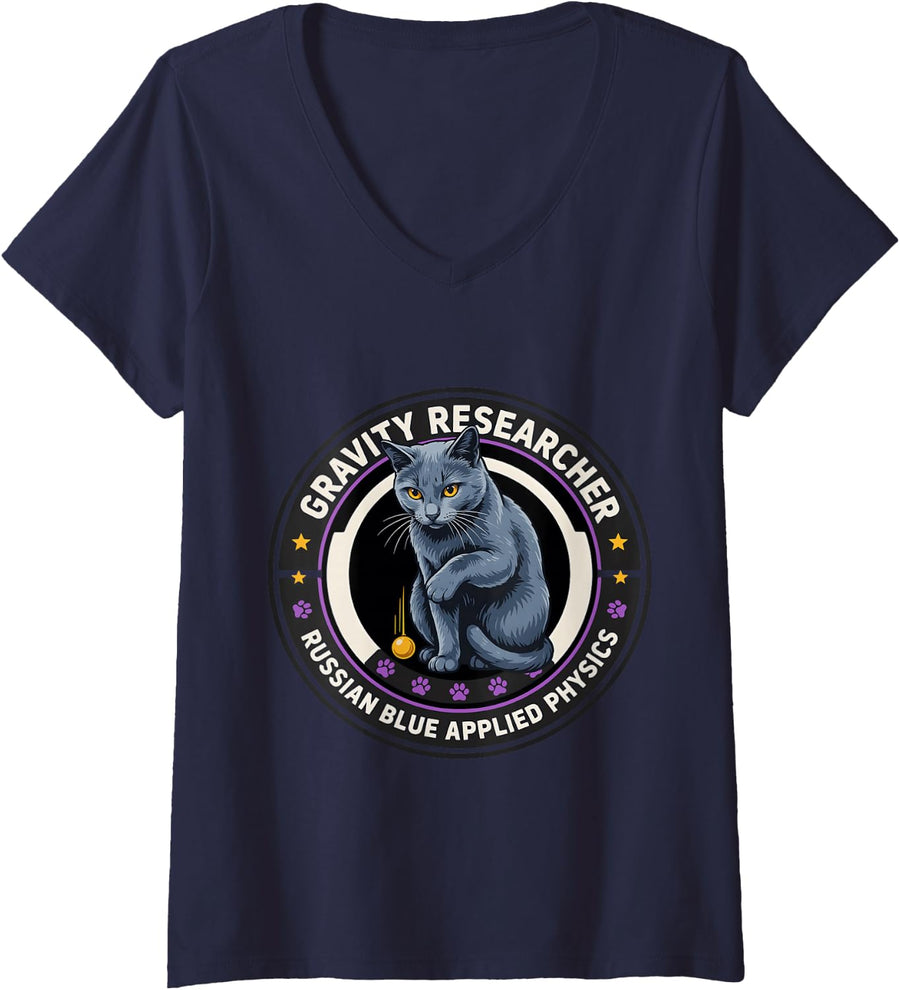 Women's Gravity Researcher Russian Blue Applied Physics Cat V-Neck T-Shirt - Navy Blue