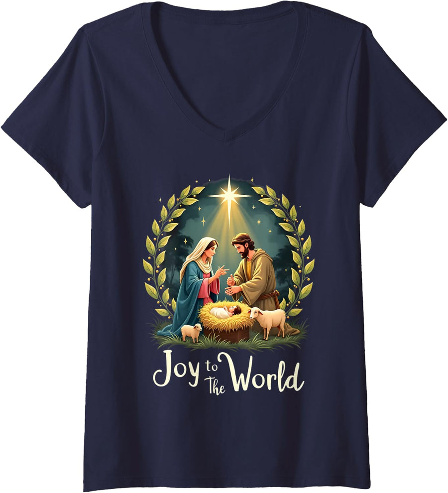 Women's Joy to The World Nativity Christian Birth of Jesus Christmas V-Neck T-Shirt - Navy Blue