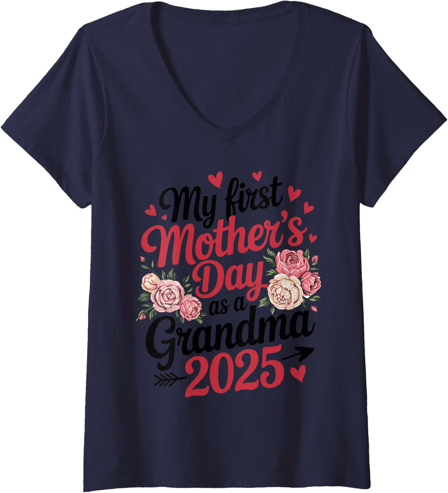 Women's Cute My First Mother’s Day as a Grandma 2025 Floral Heart V-Neck T-Shirt - Navy Blue