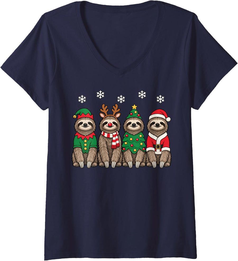 Women's Sloth Christmas Reindeer Santa V-Neck T-Shirt - Navy Blue
