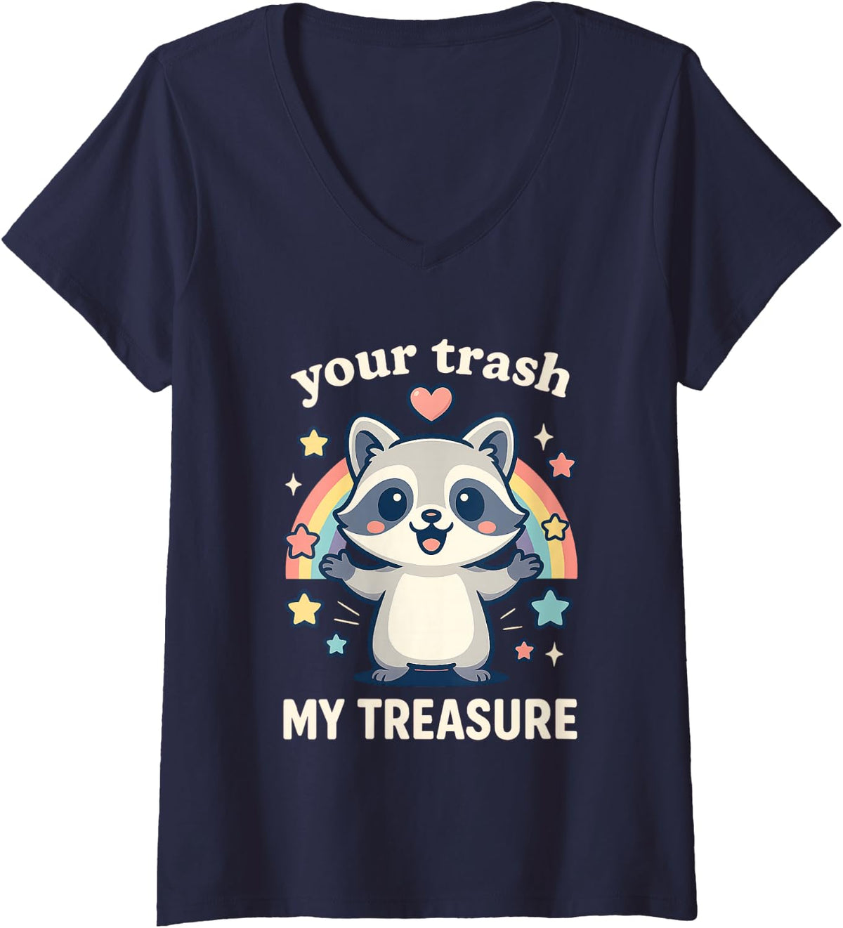 Women's Your Trash My Treasure Funny Raccoon Rainbow Stars V-Neck T-Shirt - Navy Blue
