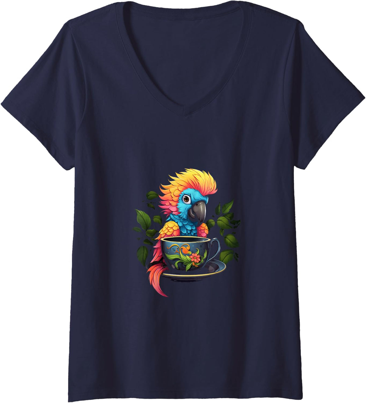 Women's Parrot Tea Cup Bird Tea Drinking V-Neck T-Shirt - Navy Blue