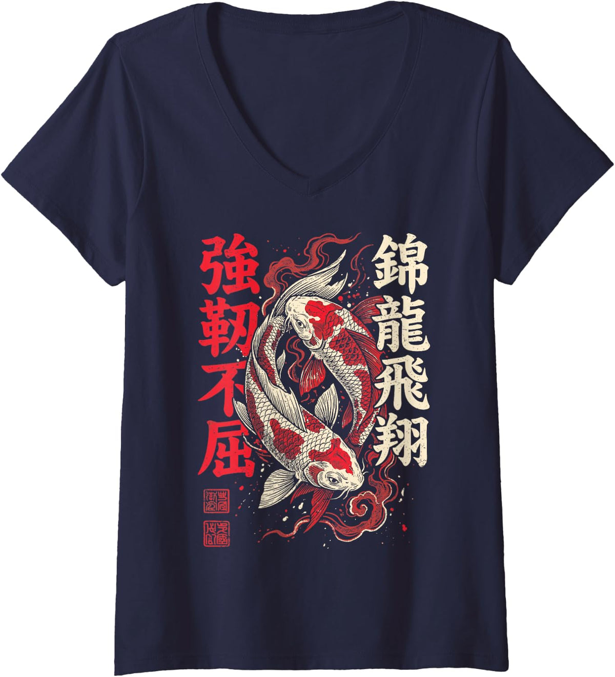 Women's Koi Fish Japanese V-Neck T-Shirt - Navy Blue