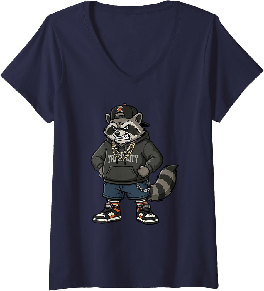 Women's Trash City Raccoon Cool Streetwear Hip Hop Trash Panda V-Neck T-Shirt - Navy Blue