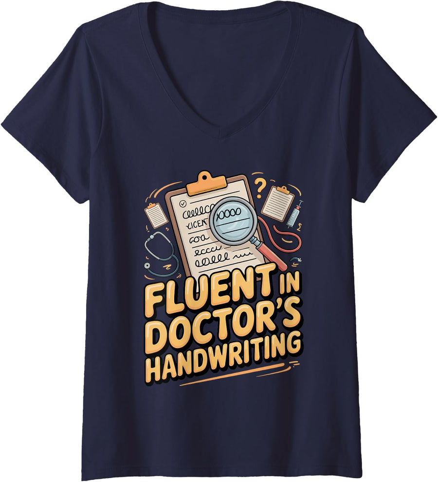 Women's Fluent in Doctor's Handwriting Medical Assistant V-Neck T-Shirt - Navy Blue