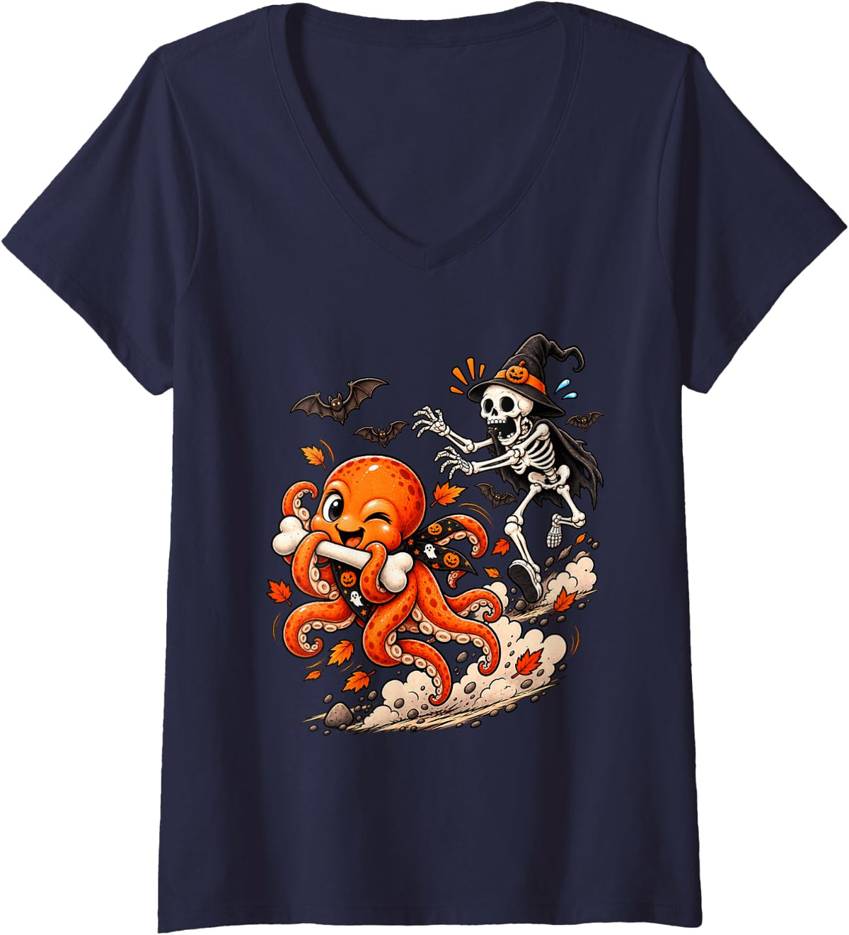 Women's Funny Octopus Chased by Witch Skeleton Halloween Men Women V-Neck T-Shirt - Navy Blue