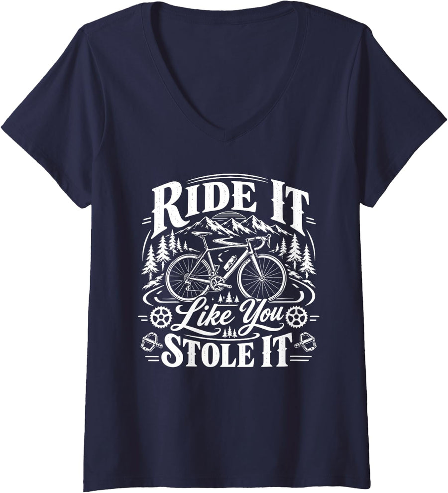 Women's Bike & Biking, Ride It Like You Stole It V-Neck T-Shirt - Navy Blue