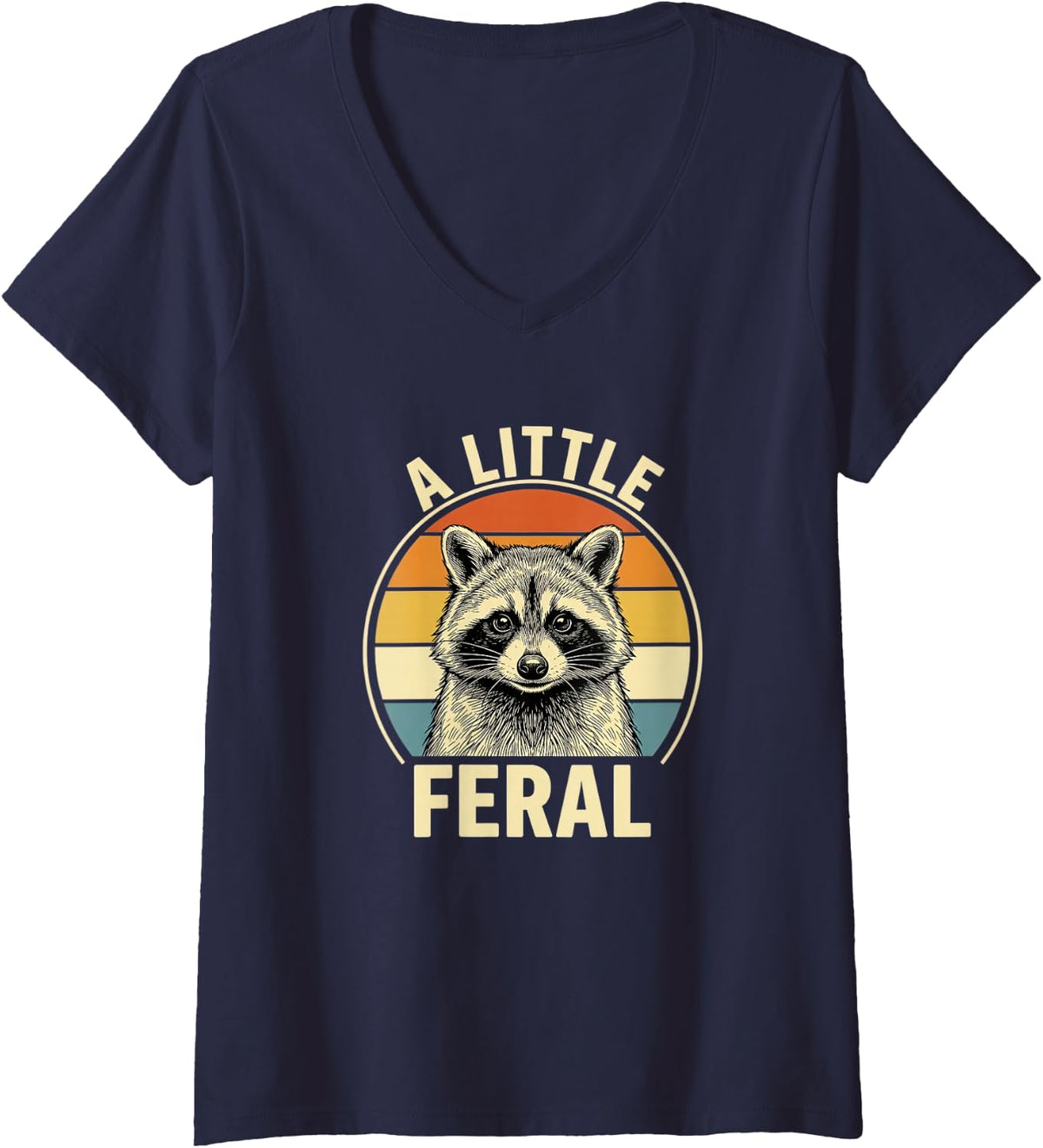 Women's A Little Feral Raccoon Retro Sunset Kids Woodland V-Neck T-Shirt - Navy Blue