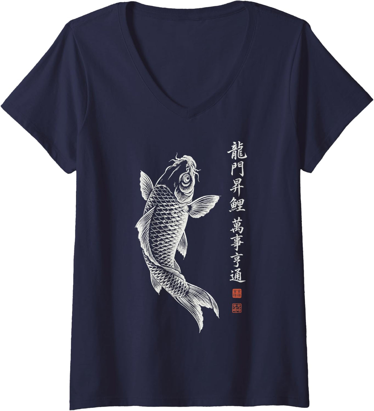 Women's Koi Japanese Fish V-Neck T-Shirt - Navy Blue