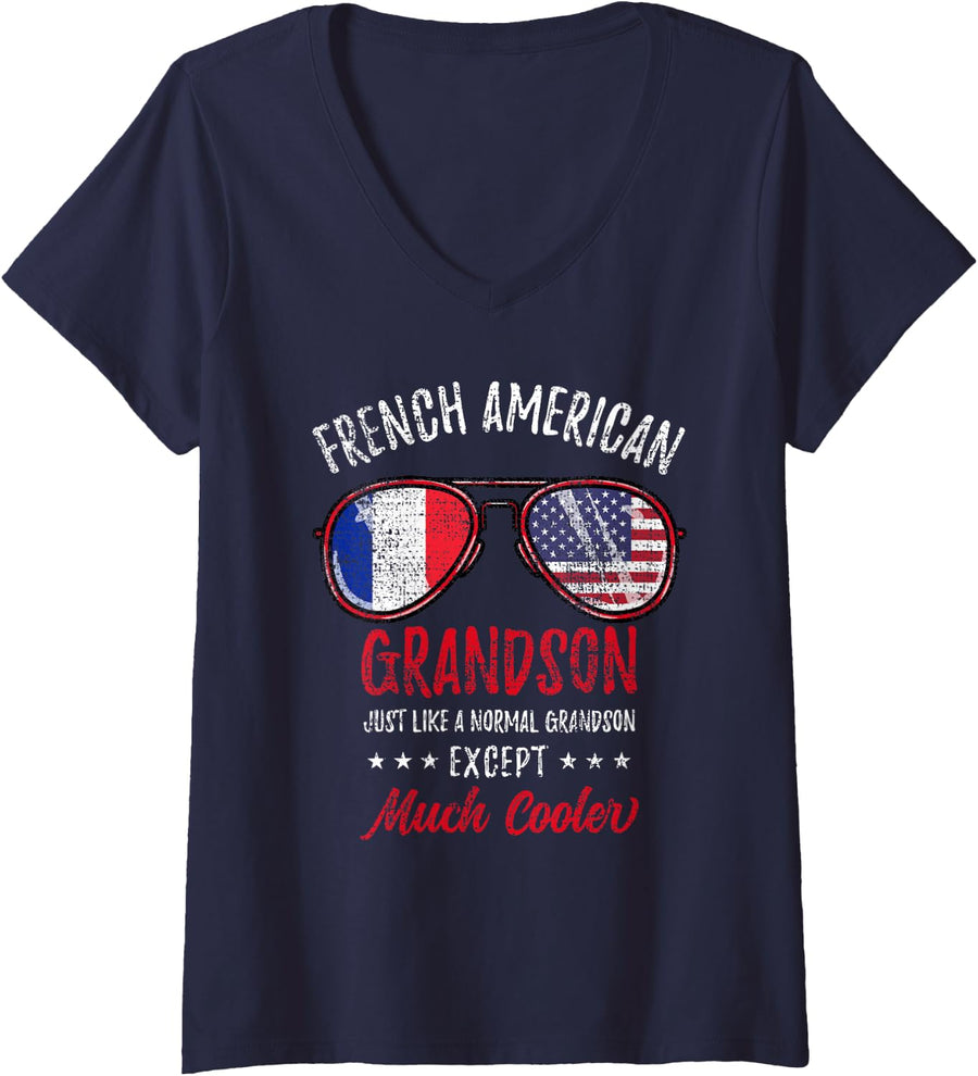 Women's French American Grandson Sunglasses French Roots Vintage V-Neck T-Shirt - Navy Blue