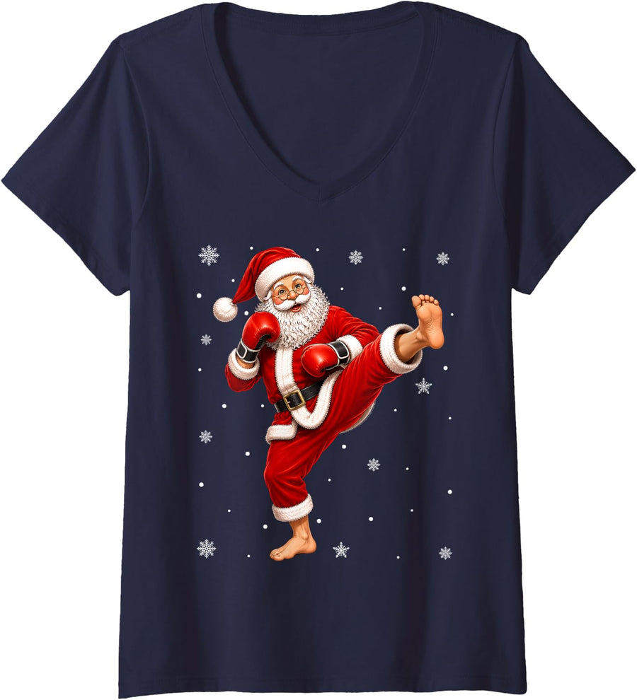 Women's Kickboxing Fun Santa Christmas V-Neck T-Shirt - Navy Blue