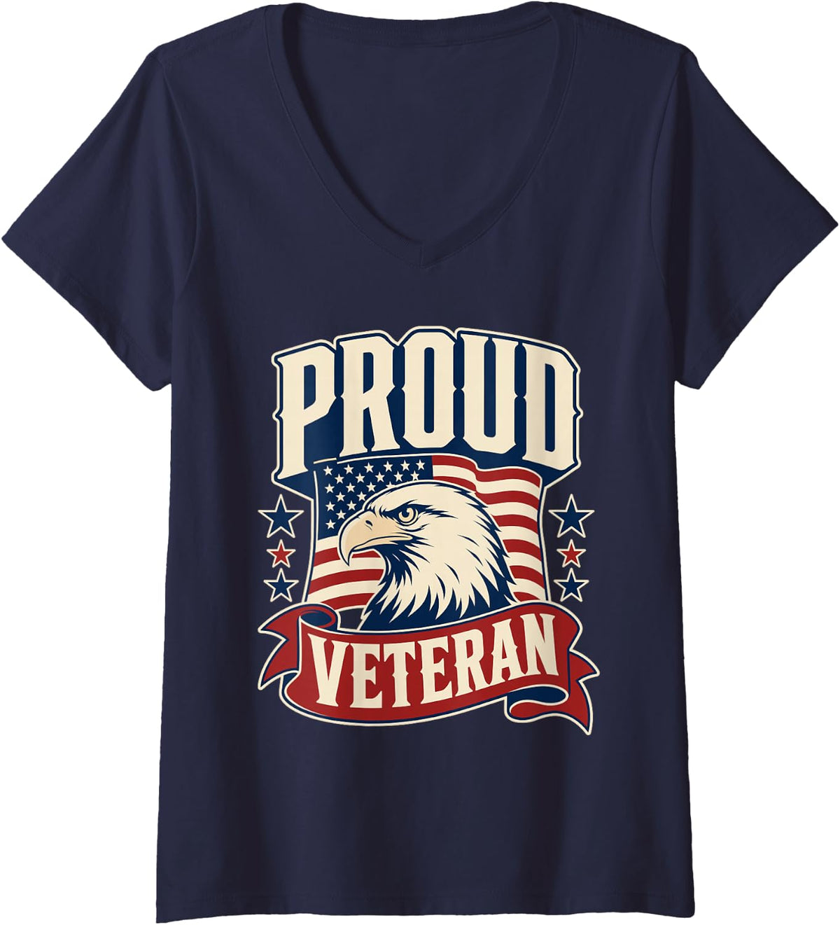 Women's Proud Veteran Bald Eagle Vintage Badge V-Neck T-Shirt - Navy Blue