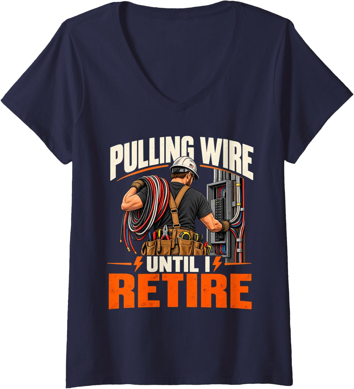 Women's Pullin Wire Until I Retire Funny Electrician Electrical Work V-Neck T-Shirt - Navy Blue
