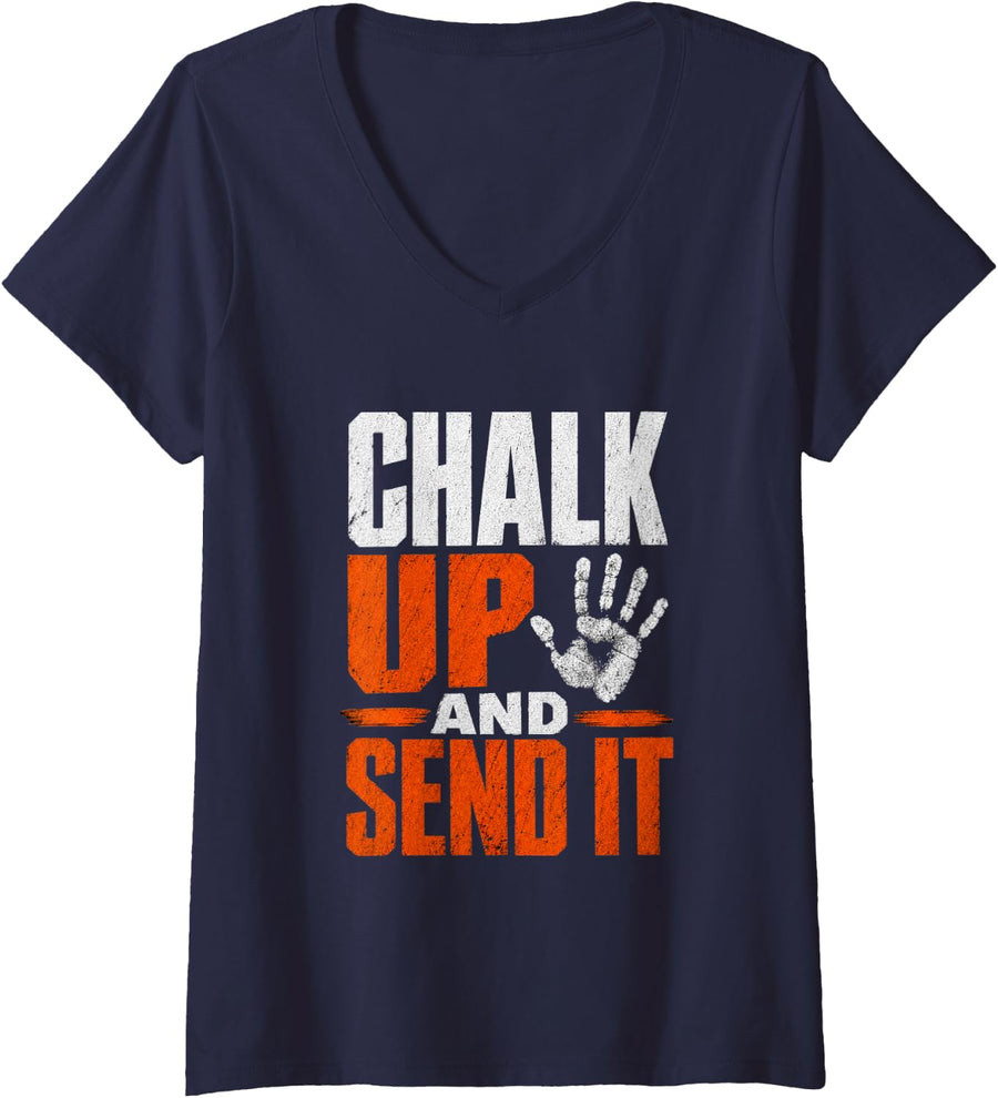 Women's Chalk Up and Send It Rock Climbing V-Neck T-Shirt - Navy Blue