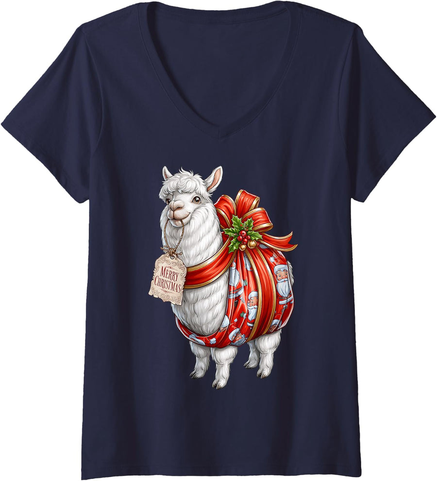 Women's Alpaca Llama Santa Claus Wrapping Paper Present Holly V-Neck T-Shirt - Navy Blue