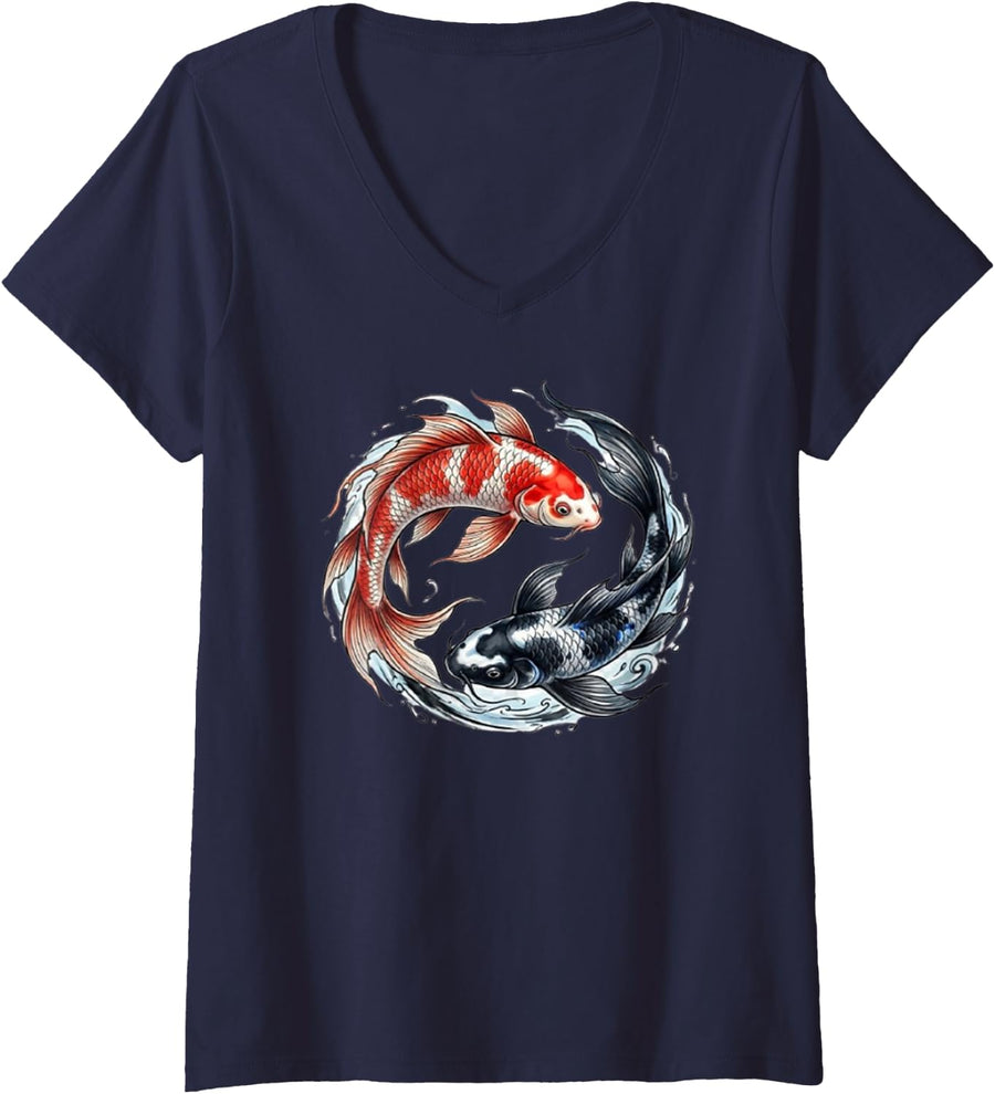 Women's Japanese Koi Carp Nishikigoi Fish Cherry Blossoms Men Women V-Neck T-Shirt - Navy Blue