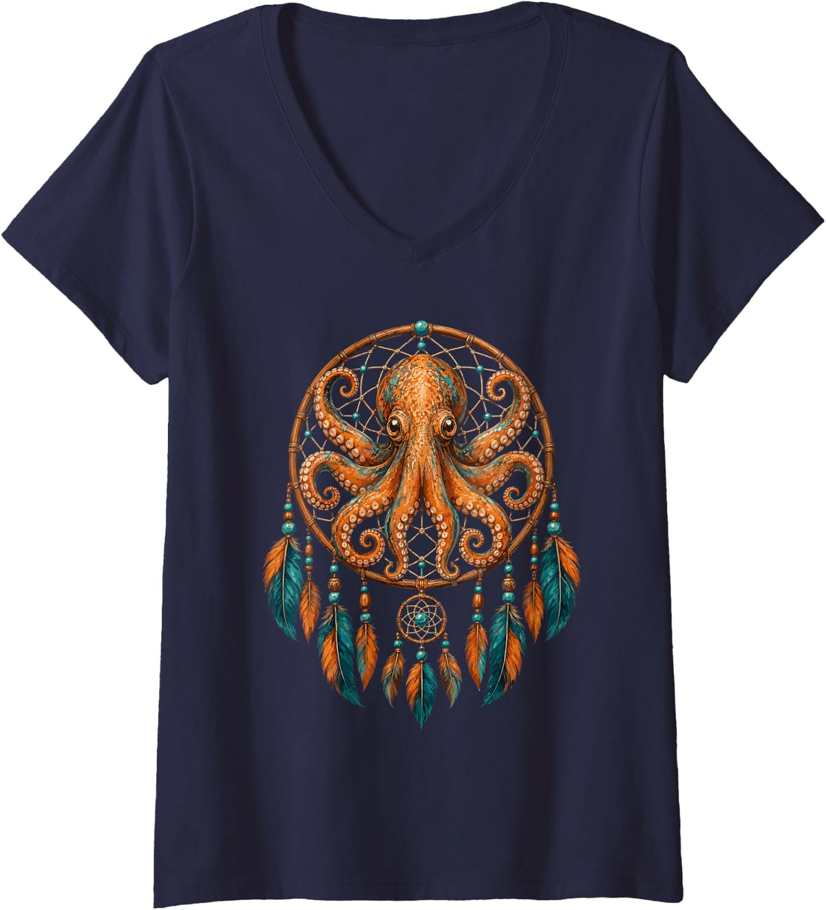 Women's Dreamcatcher Feather Art - Octopus V-Neck T-Shirt - Navy Blue