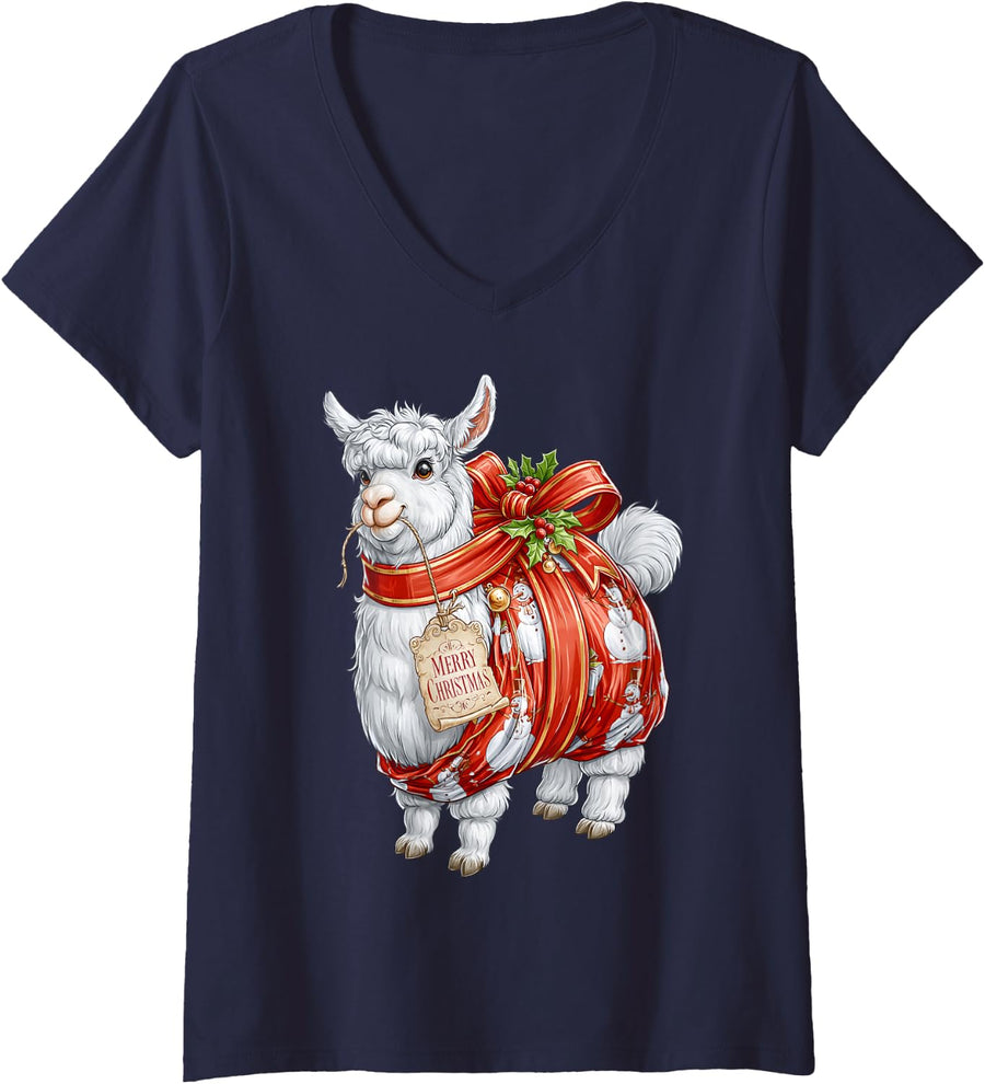 Women's Alpaca Llama Snowman Wrapping Paper Present Holly Ornament V-Neck T-Shirt - Navy Blue
