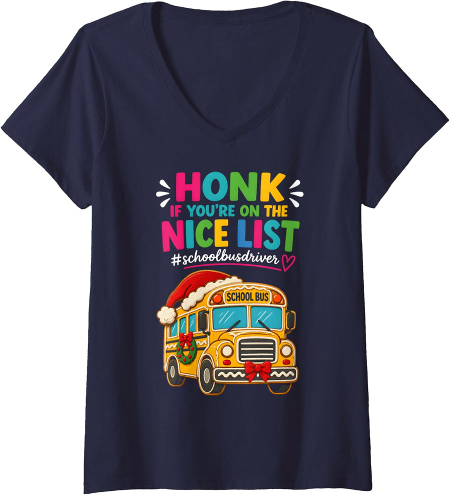 Women's Honk If You're On The Nice List School Bus Driver Christmas V-Neck T-Shirt - Navy Blue