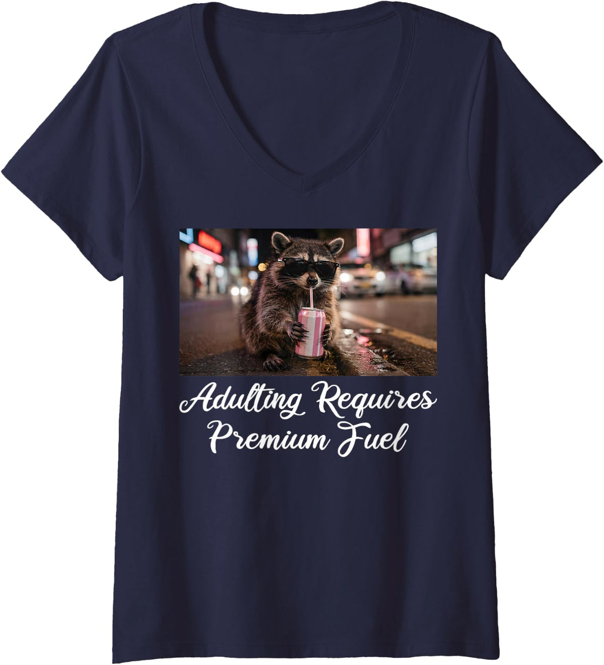 Women's Adulting Requires Premium Fuel Funny Raccoon Meme V-Neck T-Shirt - Navy Blue