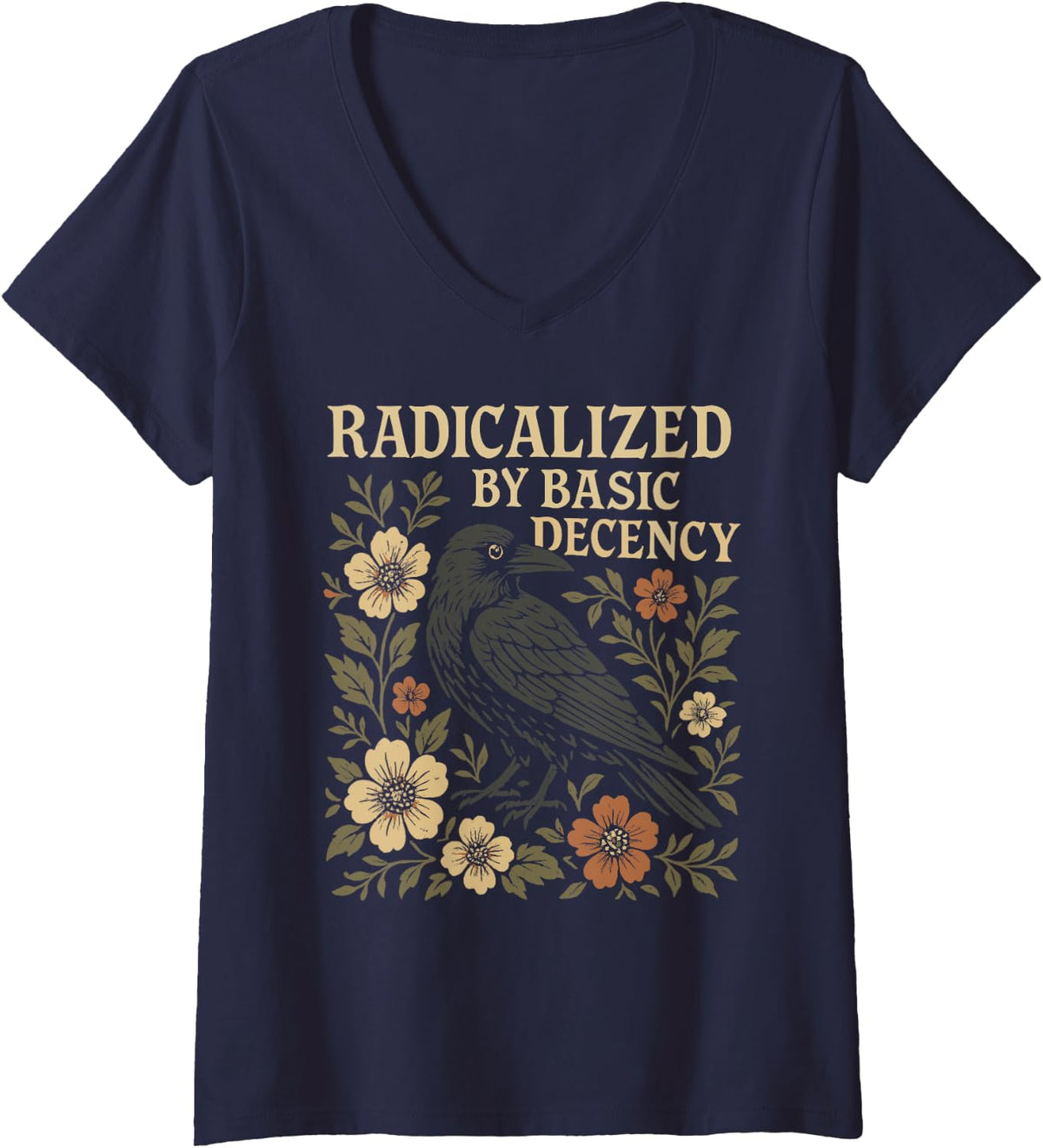 Womens Radicalized by Basic Decency Vintage Gothic Crow V-Neck T-Shirt - Navy Blue