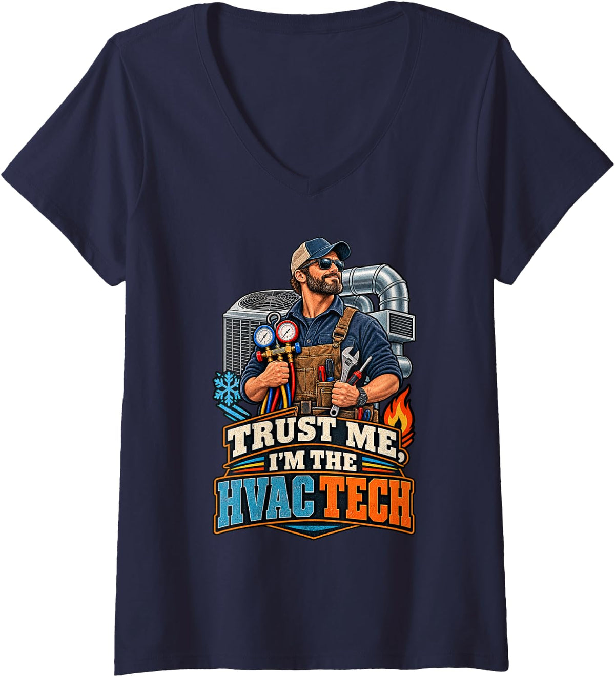 Women's Funny HVAC Technician Heating Cooling Tech V-Neck T-Shirt - Navy Blue