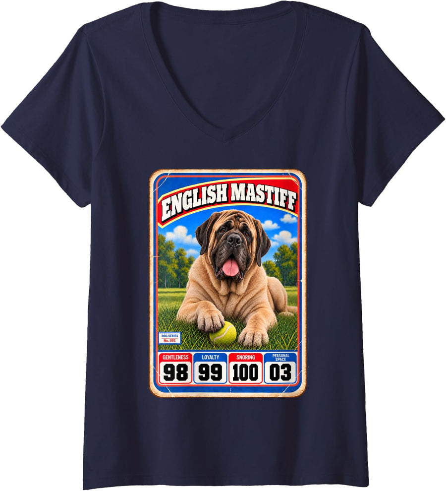 Women's English Mastiff Vintage 70s 80s Sports Trading Card V-Neck T-Shirt - Navy Blue