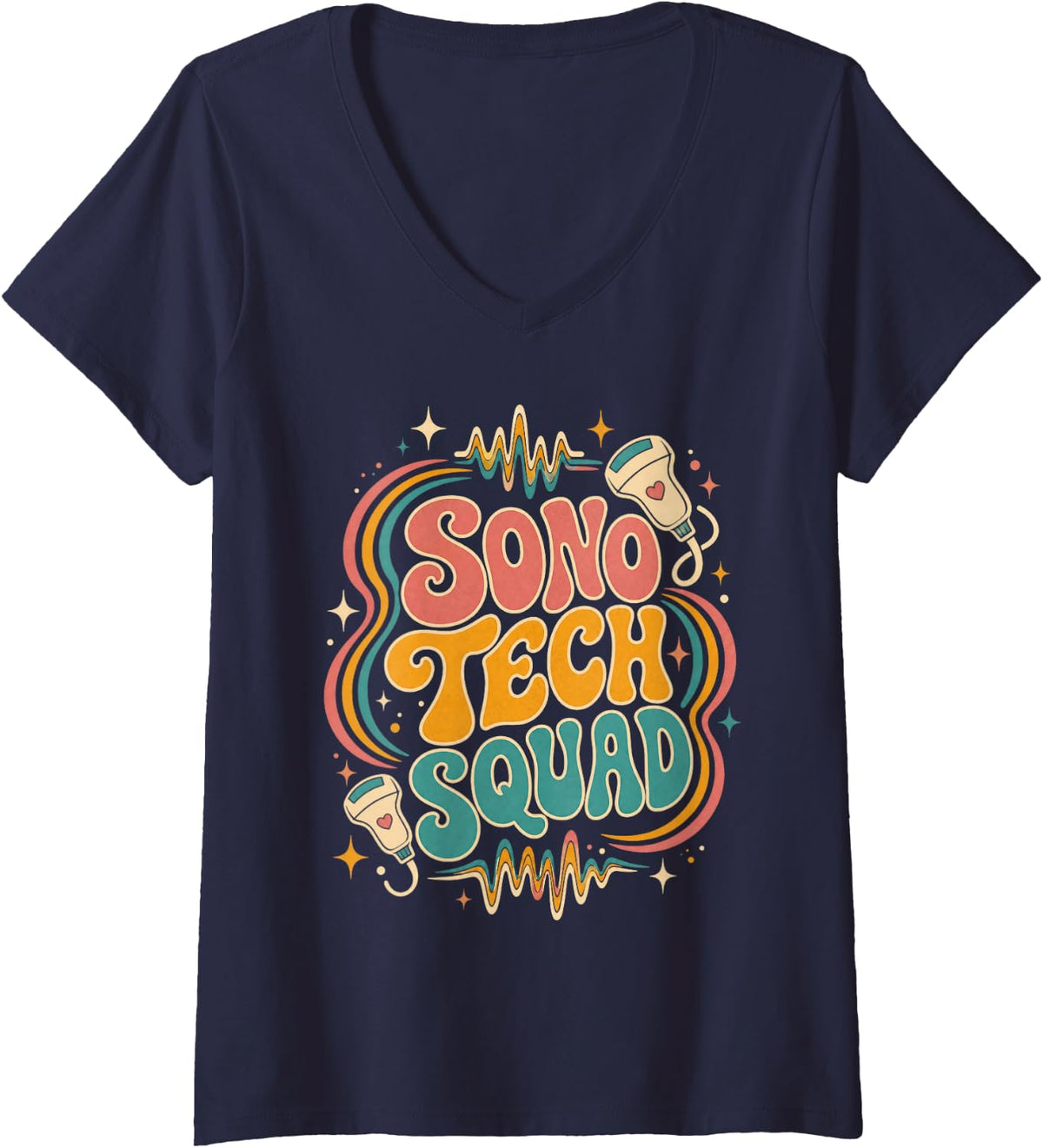 Women's Sono Tech Squad Retro Ultrasound Sonographer V-Neck T-Shirt - Navy Blue